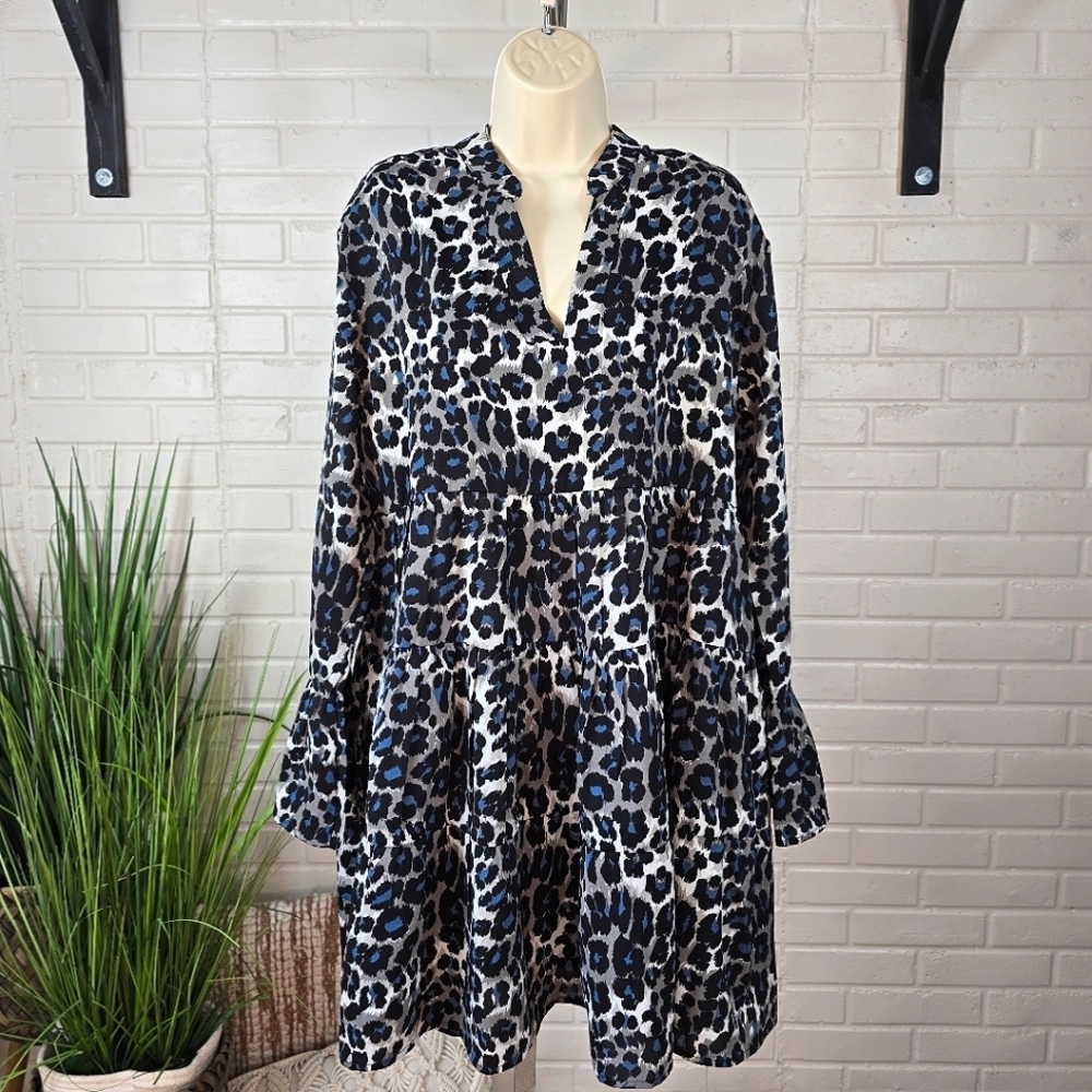 Heyson Blue and Black Leopard Print Long Sleeve Babydoll Dress Size Large - Picture 2 of 10